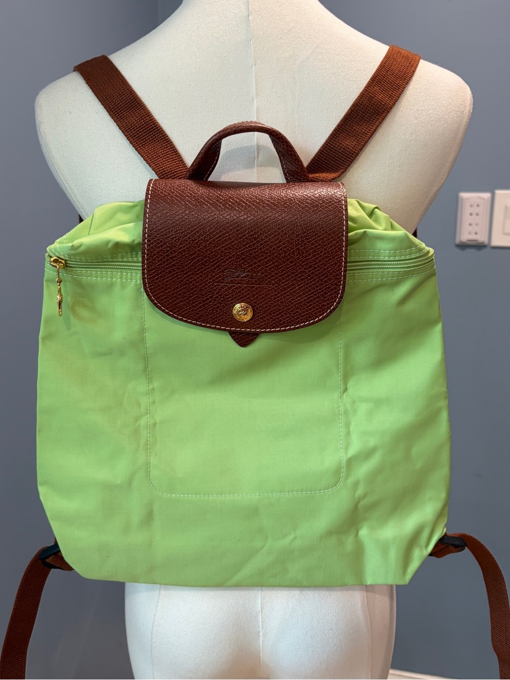 Longchamp Le Pliage Backpack Lime Green Nylon Brown Leather Travel Daypack